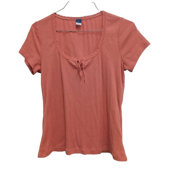Y2K Old Navy Womens Crop Top Small Coral Crochet Short Sleeve Coquette Preppy - Picture 1 of 8